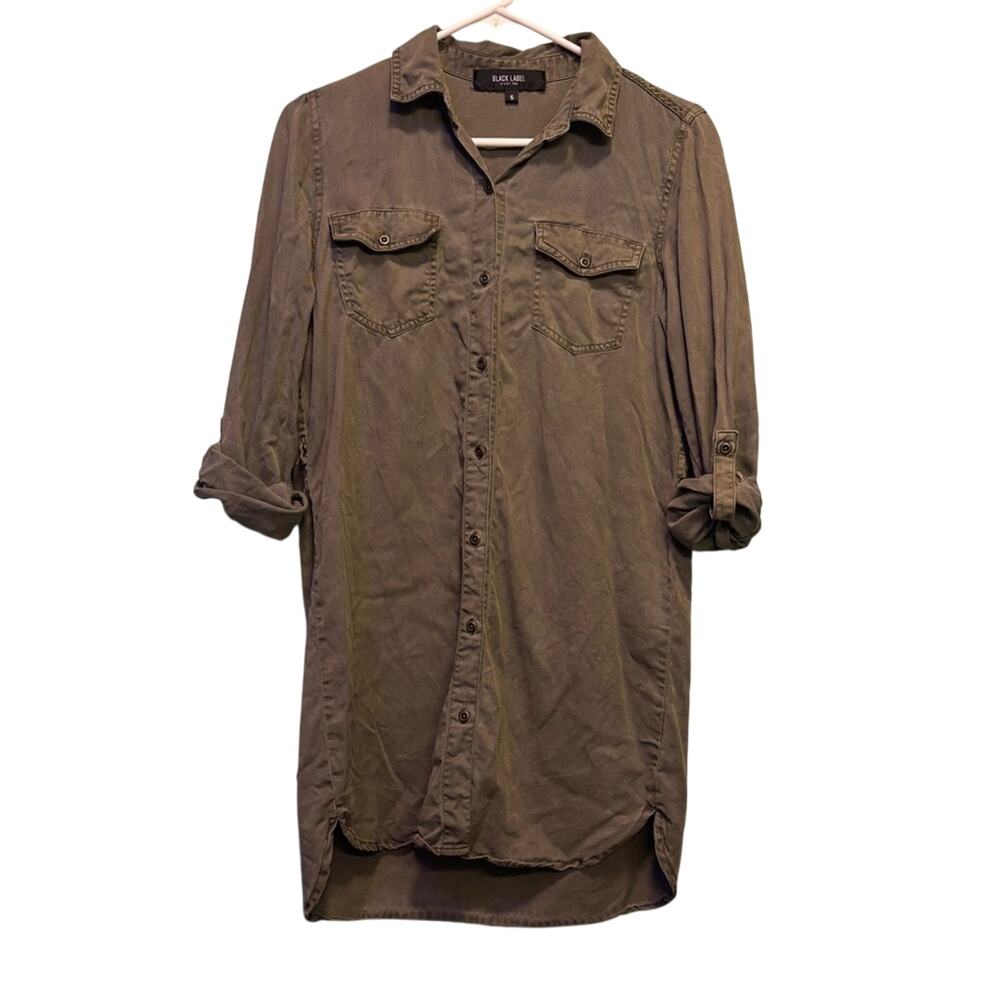 C'est Toi Black Label Olive Button Down Shirt Dress With Cuffed Sleeves Size S